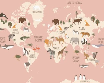 Pink Animal World Mappa, Arte Mappa Bambini, Mappa Nursery Stampabile, Bambini Mappa Murale, Mappa dell'asilo, Arredamento dell'asilo nido, Playroom Stampa - Download istantaneo