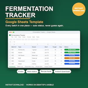 Puede incluir: Una plantilla digital de seguimiento de fermentación en Google Sheets mostrada en una pantalla. La hoja de cálculo incluye columnas para número de lote, tipo, recipiente, fecha de inicio, días objetivo, día actual y estado con botones.