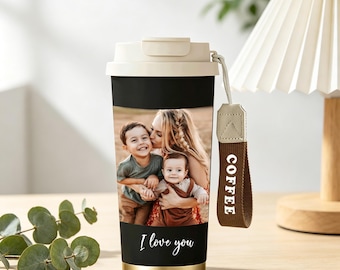 Personalized Travel Mug with Photo & Text, Custom Logo Name Coffee Cup, 16oz Insulated Stainless Steel Tumbler, Birthday Gifts for Women Men