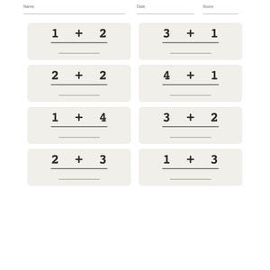 Może przedstawiać: Arkusz zadań z matematyki zatytułowany Adding Numbers 1-5, Grade 1 Math, Super Easy Start. Strona zawiera osiem zadań z dodawania z pustymi liniami na odpowiedzi, pola na imię, datę, wynik oraz pięć żółtych gwiazdek na dole.