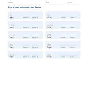 May include: A Spanish language educational worksheet titled Palabras de uso frecuente for first grade students. The page features ten light blue rectangular boxes, each containing a word to trace and two blank lines to write the word twice.