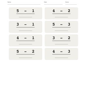 Könnte beinhalten: Ein Mathe-Arbeitsblatt für die erste Klasse mit dem Titel Subtracting Numbers 1-5 und einem braunen Kopfbereich. Es enthält acht Subtraktionsaufgaben mit Leerzeilen für Antworten, Felder für Name, Datum und Punktzahl sowie fünf gelbe Sterne unten.