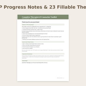 May include: A digital document titled Complete Therapist & Counselor Toolkit with a green header. It lists 22+ fillable PDF forms in 7 categories including clinical progress notes, treatment planning, client care, and practice policies.