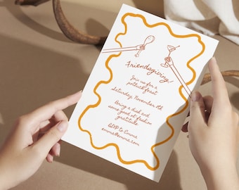 FRIENDSGIVING | dinner party | potluck party | house warming | whimsical, funky, hand drawn | editable, download | Canva template