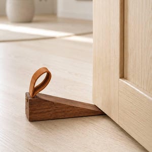 Wood Door Stopper, Wooden Door Wedge, Modern Door Stop, Floor Door Stop, Solid Wood Door Stopper with Leather Loop, Minimalist Home Decor