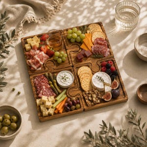 May include: A set of four interlocking wooden puzzle-shaped serving boards arranged as a square. The boards are filled with an assortment of food including sliced meats, various cheeses, crackers, grapes, strawberries, figs, olives, and a small bowl of dip.