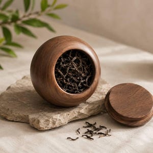 May include: A spherical dark brown wooden container with a smooth finish, filled with loose dark tea leaves. The container has a matching circular wooden lid placed beside it, and a few loose tea leaves are scattered on the surface nearby.