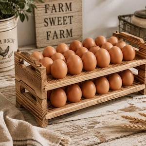 May include: A two-tiered rectangular wooden egg holder with a distressed finish, holding twenty-four brown chicken eggs arranged in rows. The rack features open sides and a sturdy frame, designed to store and display eggs in a kitchen setting.