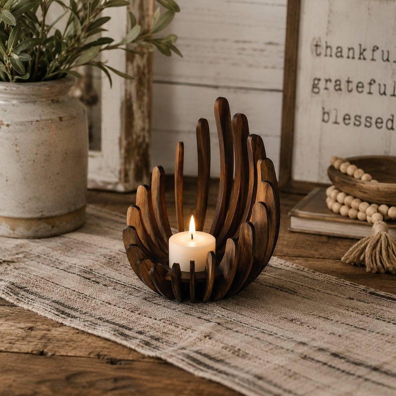Wooden Tealight Candle Holder, Modern Wood Candle Holder, Rustic Tea Light Holder, Farmhouse Candle Decor, Handmade Wooden Centerpiece bild 3