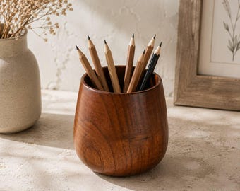 Wooden Pencil Holder, Wooden Desk Organizer, Wood Pen Cup, Office Supply Holder, Rustic Pencil Cup, Desktop Storage, 3 Inch