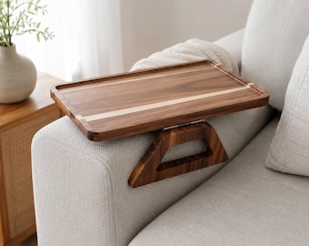 Acacia Wood Sofa Arm Tray Table, Foldable Couch Armrest Table, Wooden Armrest Tray for Drinks, Snacks & Laptop