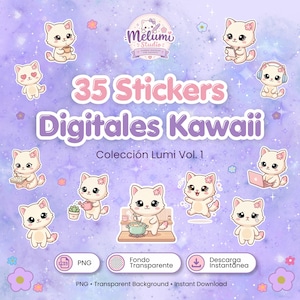 Puede incluir: Una colección digital de 35 pegatinas con gatos de color crema con detalles en rosa en varias poses, incluyendo cocinando, usando una computadora portátil y con auriculares. El texto dice 35 Stickers Digitales Kawaii Colección Lumi Vol. 1.