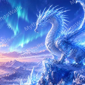 May include: A digital illustration of a crystalline ice dragon perched on a snowy mountain peak. The dragon has translucent blue scales and large wings. The background features a vibrant aurora borealis in the night sky and a sunrise.