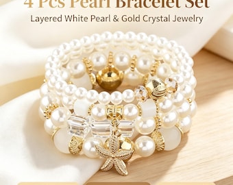 Conjunto de cuatro pulseras apilables de perlas, con elegante colgante de estrella de cristal con detalles dorados. Regalo ideal para una despedida de soltero.