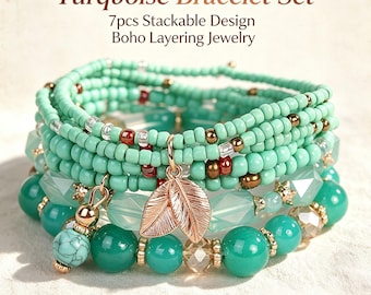 Turquoise bead necklace set for layering, Bohemian rose gold leaf pendant bracelet, suitable as a gift for women for daily casual wear