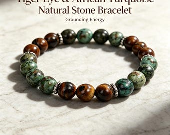 Natural Tiger Eye Quartz African Turquoise Bracelet, Natural Healing Crystal Elastic Bracelet, Spiritual Energy Crystal Gift