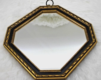 Vintage E.A. Riba Co Brooklyn NY Octagonal Wall Mirror Black Gold Hollywood Regency Neoclassical Ornate Decor 10.75 Inch