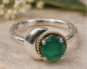 ATR Thailand 925 Sterling Silver 14K Gold Green Onyx Crescent Moon Ring Sz 6.5