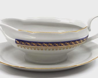 Rare Vintage Cmielow Poland 1790 Gravy Boat Cobalt Blue Gold Filigree Fine Porcelain Serving Piece