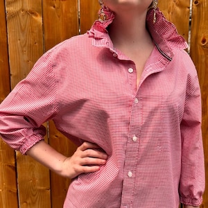 Red Gingham Ruffle Collar Shirt - Upcycled Oversized Blouse