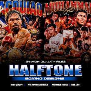 May include: A digital graphic design collection featuring Manny Pacquiao and Muhammad Ali in various boxing poses. The image includes text such as PACQUIAO, MUHAMMAD ALI, 24 HIGH QUALITY FILES, HALFTONE, and BOXING DESIGNS, with a dark background.