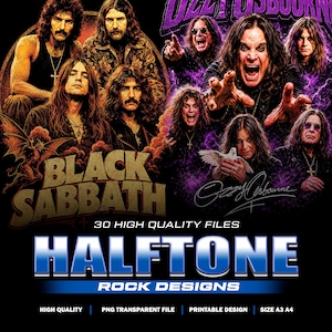 Op de afbeelding: Een digitale grafische collectie met afbeeldingen van Black Sabbath en Ozzy Osbourne in paarse en zwarte tinten. De tekst bevat 30 HIGH QUALITY FILES, HALFTONE, ROCK DESIGNS, HIGH QUALITY, PNG TRANSPARENT FILE, PRINTABLE DESIGN en SIZE A3 A4.