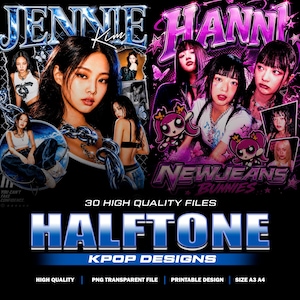 Könnte beinhalten: Eine digitale Grafikcollage mit den K-Pop-Künstlern Jennie Kim und Hanni sowie dem Text "JENNIE Kim", "HANNI", "NEWJEANS BUNNIES" und "HALFTONE KPOP DESIGNS". Das Design enthält blaue und violette metallische Typografie, Kettenmotive und Zeichentrickfiguren.