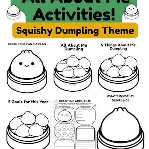 Può includere: Un set di fogli di attività stampabili in bianco e nero intitolato All About Me Activities! Squishy Dumpling Theme. Include vari fogli di lavoro a tema ravioli, tra cui Design Your Own Dumpling, All About Me Dumpling, 5 Things About Me Dumpling, 5 Goals for this Year, Dumpling About Me e What's Inside My Dumpling.