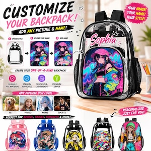 May include: A clear PVC backpack featuring a customisable front panel with a printed anime-style character, black trim, and black mesh side pockets. The backpack displays the name Sophia in white script text above the graphic illustration.