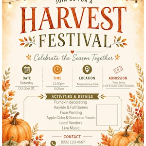 May include: A Harvest Festival event flyer featuring autumn leaves, string lights, and pumpkins. Text includes: JOIN US FOR A HARVEST FESTIVAL, Celebrate the Season Together, Date: Saturday October 31, Time: 12:00pm-5:00pm, Location: Maple Grove Park, Admission: Free Entry.