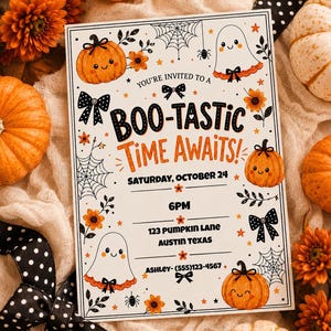 May include: A rectangular Halloween invitation card featuring orange pumpkins, white ghosts, black bows, and spiderwebs. The text reads: YOU'RE INVITED TO A BOO-TASTIC TIME AWAITS! SATURDAY, OCTOBER 24, 6PM, 123 PUMPKIN LANE, AUSTIN TEXAS, ASHLEY-(555)123-4567.