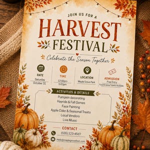 May include: A rectangular Harvest Festival event flyer featuring autumn leaf illustrations, string lights, and pumpkin graphics. The text includes event details for Saturday, October 31, from 12:00pm to 5:00pm at Maple Grove Park, listing activities like pumpkin decorating and live music.