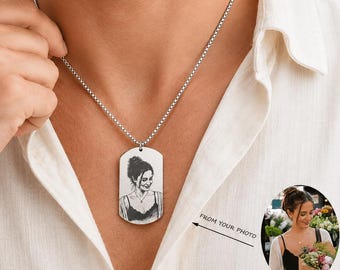 Gepersonaliseerde fotoketting, hanger met op maat gegraveerd portret, gedenksieraad, gepersonaliseerde dog tag ketting, cadeau voor hem