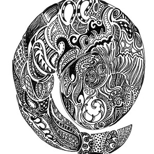 May include: Black and white abstract illustration with intricate patterns and swirls. The design is circular and resembles a mandala.