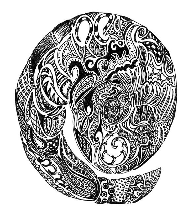 May include: Black and white abstract illustration with intricate patterns and swirls. The design is circular and resembles a mandala.