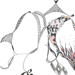 May include: Black and white abstract line art drawing with pink and orange accents. The drawing features a variety of shapes and patterns, including circles, dots, stripes, and zigzags.