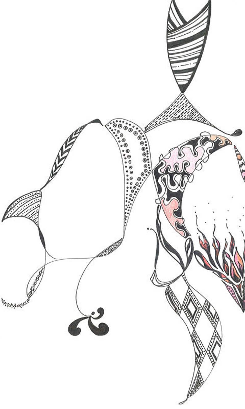 May include: Black and white abstract line art drawing with pink and orange accents. The drawing features a variety of shapes and patterns, including circles, dots, stripes, and zigzags.