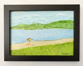 Beach Painting, Seascape, Beach Picture, Small Framed Picture of Beach with Umbrella