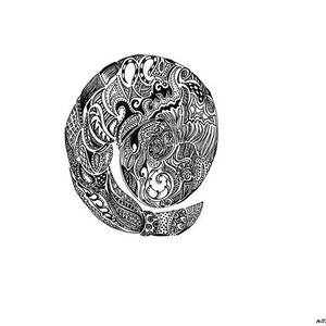 May include: Black and white ink drawing of a circular design with intricate patterns and swirls. The design is reminiscent of a mandala or a floral pattern.