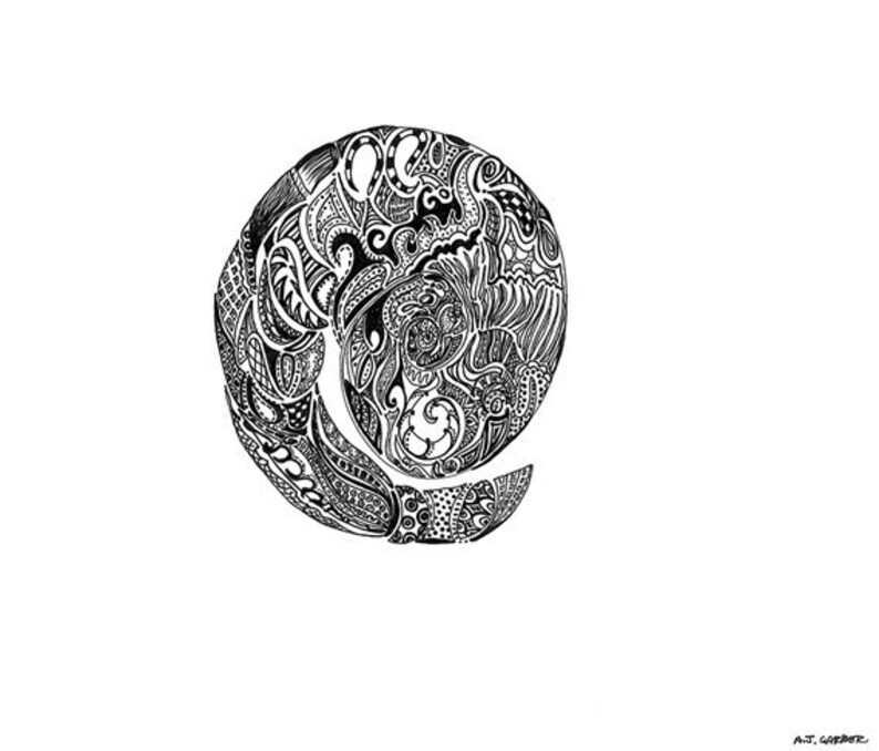 May include: Black and white ink drawing of a circular design with intricate patterns and swirls. The design is reminiscent of a mandala or a floral pattern.