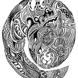 May include: Black and white abstract illustration with intricate patterns and swirls. The design is circular and resembles a mandala.
