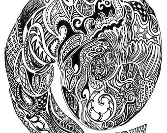 Black ink pen drawing digital print of original.  Printed on 100 lb. matte cardstock