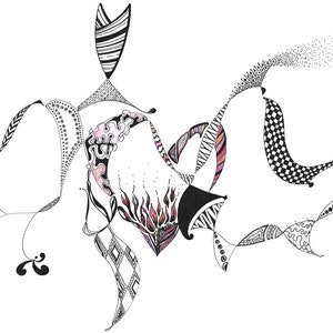 May include: Abstract black and white line art drawing with pink and orange accents. The drawing features a series of interconnected shapes and patterns.