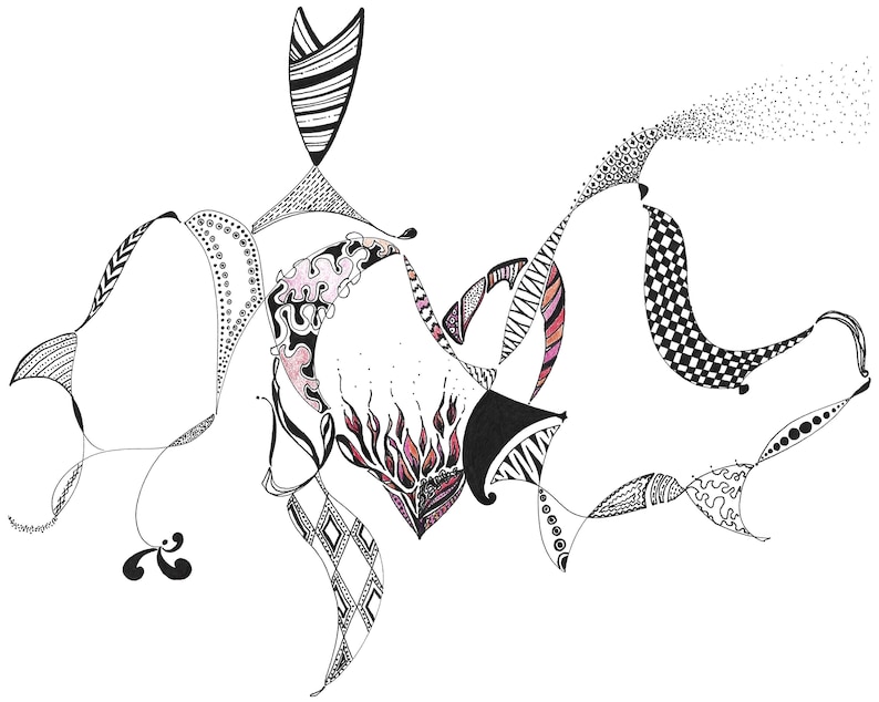 May include: Abstract black and white line art drawing with pink and orange accents. The drawing features a series of interconnected shapes and patterns.