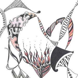 Flaming Heart Black ink drawing digital print highlighted with colored pencils. Printed on 100 lb. matte cardstock image 3
