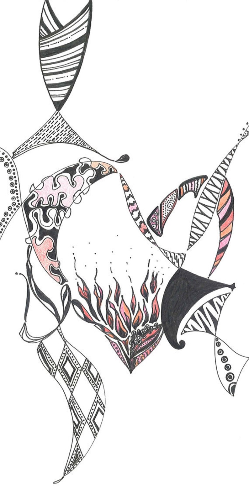 Flaming Heart Black ink drawing digital print highlighted with colored pencils. Printed on 100 lb. matte cardstock image 3