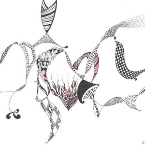 May include: Black and white abstract line art drawing with pink and orange accents. The drawing is made up of a series of interconnected shapes and lines.