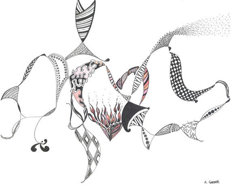May include: Black and white abstract line art drawing with pink and orange accents. The drawing is made up of a series of interconnected shapes and lines.