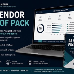 Pode incluir: Uma exibição de produto digital intitulada AI VENDOR PROOF PACK, apresentando uma tela de laptop com um painel de prontidão e um guia do cliente encadernado em espiral. O fundo azul escuro inclui texto sobre a organização de ferramentas de IA, fluxos de dados e verificação de respostas.