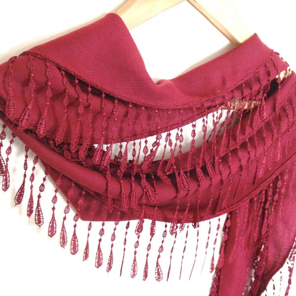 Burgundy Pashmina Scarf with Lace Women Accessory,Elegant, Shawl, Neckwarmer, Valentines day, Gift, 2012, Spring trends and Fashion